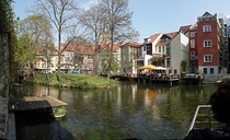 Gera river in the city centre of Erfurt Germany 