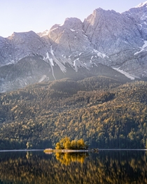 Golden Eibsee in the morning Bavaria Germany  