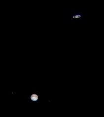 Great Conjunction  Jupiter and Saturn using a Nikon  S in prime focus with a x barlow and an Orion XT Upland CA USA
