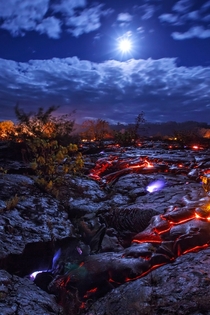 Hawaii USA Seeping methane burns a bright blue as lava advances through a forest  Decomposing vegetation beneath the molten flow creates extremely volatile pockets of the highly flammable gas and when ignited by the intense heat powerful explosions can re