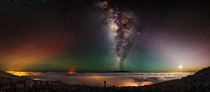 Hawaii USA This  image panorama captured what looks like some zodiacal light on the right side of the image airglow glow from Kilauea Cauldron and the glow of Hilo on the left Im not too sure about the red glow in the air on the left writes photographer S
