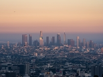 Helicopter over Down Town Los Angeles at Sunset 
