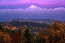 I waited for just the right moment at sunset with some final light shining on Mt Hood from Portland Oregon 