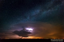 I was chasing eastern New Mexico and western Texas on June th  This very photogenic supercell developed near the state border and as I decided to stay a bit more distant the shining Milky Way above it made the scene simply stunning writes photographer Mar