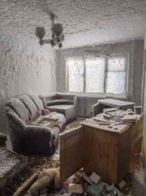 Ice crystals cover the interior of an abandoned apartment north of the Arctic Circle in Russia - 
