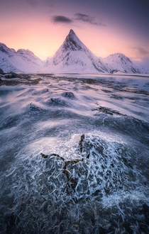 Ice structures at sunrise on the Lofoten Islands Norway 
