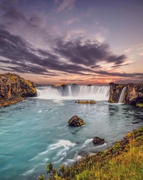 Icelandic waterfall during sunset 