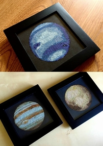 Im cross-stitching the solar system Ive finished Neptune Jupiter and Pluto 
