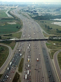 In case this hasnt been posted here heres highway  AKA North Americas busiest highway at its widest point  lanes just outside of Toronto Ontario