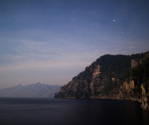 Inside the rim of Crater Lake on a smokey night 