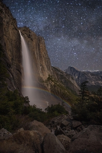 Ive waited a few years for the stars moon and weather conditions to align for this shot On Thursday the day finally arrived Upper Yosemite Fall w Moonbow and Half Dome underneath the Milky Way 