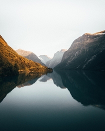 Lake Lovatnet in autumn glow Norway   Instagram viggo_lundberg