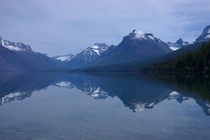 Lake McDonald still as glass in Glacier NP Montana USA 