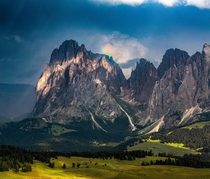 Last light hitting the peaks of Langkofel before a storm rolled in over the Dolomites 