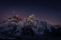 Last light of the day barely touching the worlds highest peak - Sagarmatha  Mt Everest 