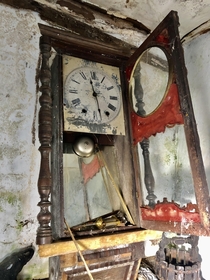Last one from my explore of an abandoned cottage in Wales It was like a little time capsule This clock had collapsed backwards but I loved it More info in comments 
