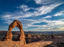 Late days light on Delicate Arch Arches NP Utah