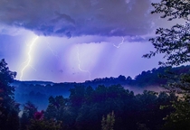 Lightning in the sky and fireflies in the trees taken on my farm in West Virginia last summer