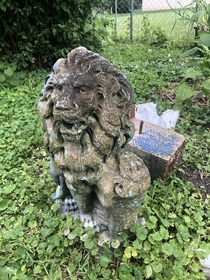 Lion in the garden left to guard a fallen birdhouse
