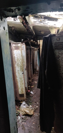 Locker room in abandoned wire works in Ambergate UK