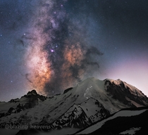 Long exposure of a group of climbers making their way up to the  foot peak of Mt Rainier under the Milky Way Washington K HD 