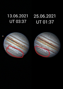 Look on the two stormes that moved in a matter of  days you can see changes on Jupiter even in a sort time I will puplish the distances in great detail about the movment of the stormes