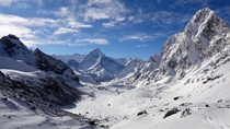 Looking back to Ama Dablam on the way to Cho La Pass Nepal 