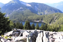 Looking over Mason Lake From Banderah Ridge alpine lakes wilderness Washington state USA 