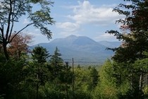 Looking through the forest to Mt Katahdin the highest point in Maine 