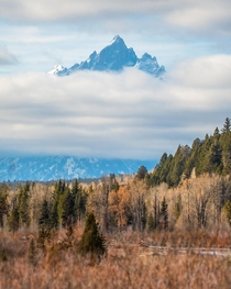 Low hanging clouds obscure all but the highest peaks of the Tetons - Wyoming OC  IG explore_with_tristan