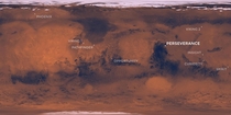Map of Mars with rovers labeled now including Perseverance