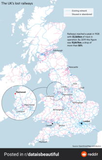 Map of UK showing how over  of the rail network is either disused or abandoned xpost from rdata is beautiful by usdbernard