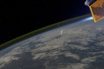 Meteor burning up in the atmosphere as seen from the International Space Station