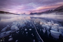 Methane gas bubbles trapped in frozen lake Canada  by Robert Beideman