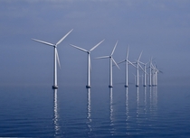 Middelgrunden offshore wind farm in Denmark with unusually calm sea 
