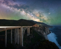 Milky Way above a historic bridge on the California coast