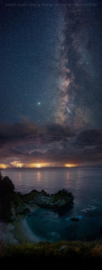 Milky Way Bioluminescent Algae and Lightning at McWay Falls Big Sur CA