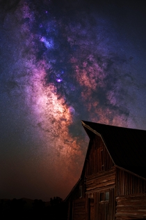 Milky Way core over a barn in the Grand Tetons 