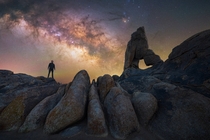 Milky Way core rising next to an arch in Alabama Hills in California