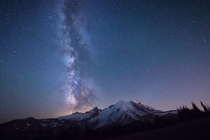 Milky Way Core rising over Mt Rainier - Traveler of both Time and Space  OC