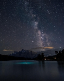 Milky way over Two jack Lake at the Rockies Canada 