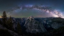 Milky Way panorama arching over Yosemite National Park in California