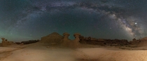 Milky Way panorama over Goblin Valleys hoodoos 