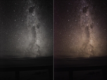 Milky Way rising over Cape Tourville Lighthouse Tasmania - My first attempt at stacking images left is raw and right has been processed a little