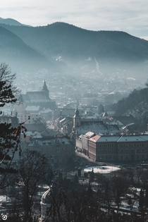 Misty city in Brasov Romania 