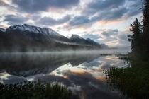Misty morning at Honeymoon Lakes Jasper National Park Canada 