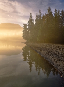 Misty serene lake in Juneau Alaska  first reddit post