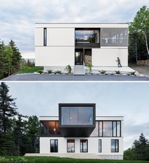 Modern chalet built on raw concrete base and clad in white stained wood on upper levels with a cantilevered volume overlooking Saint Lawrence River La Malbaie Canada by ACDF Architecture 