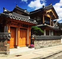 Modern homes designed like traditional korean homes called Hanoks -Seoul South Korea