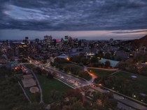Montreal skyline at dusk via drone 